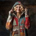 Vintage Christmas Tree Patchwork Women's Knit Hooded Zipper Sweater artswardrobe