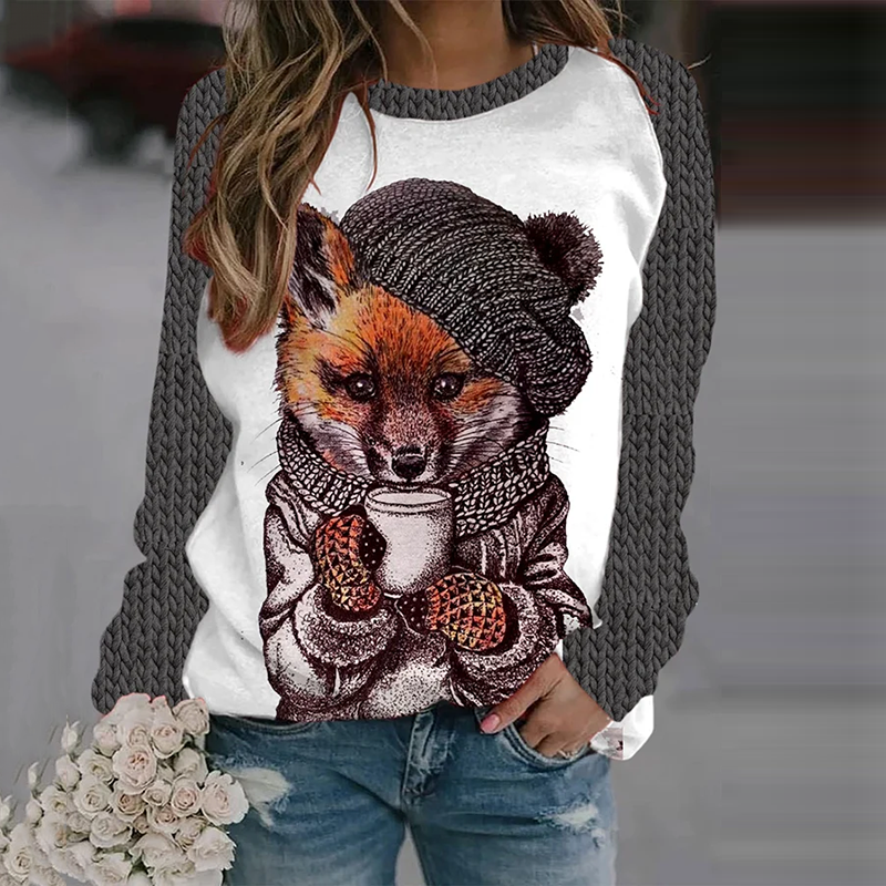 Women's Fox Coffee Print Round Neck Cozy Knit Sweater artswardrobe
