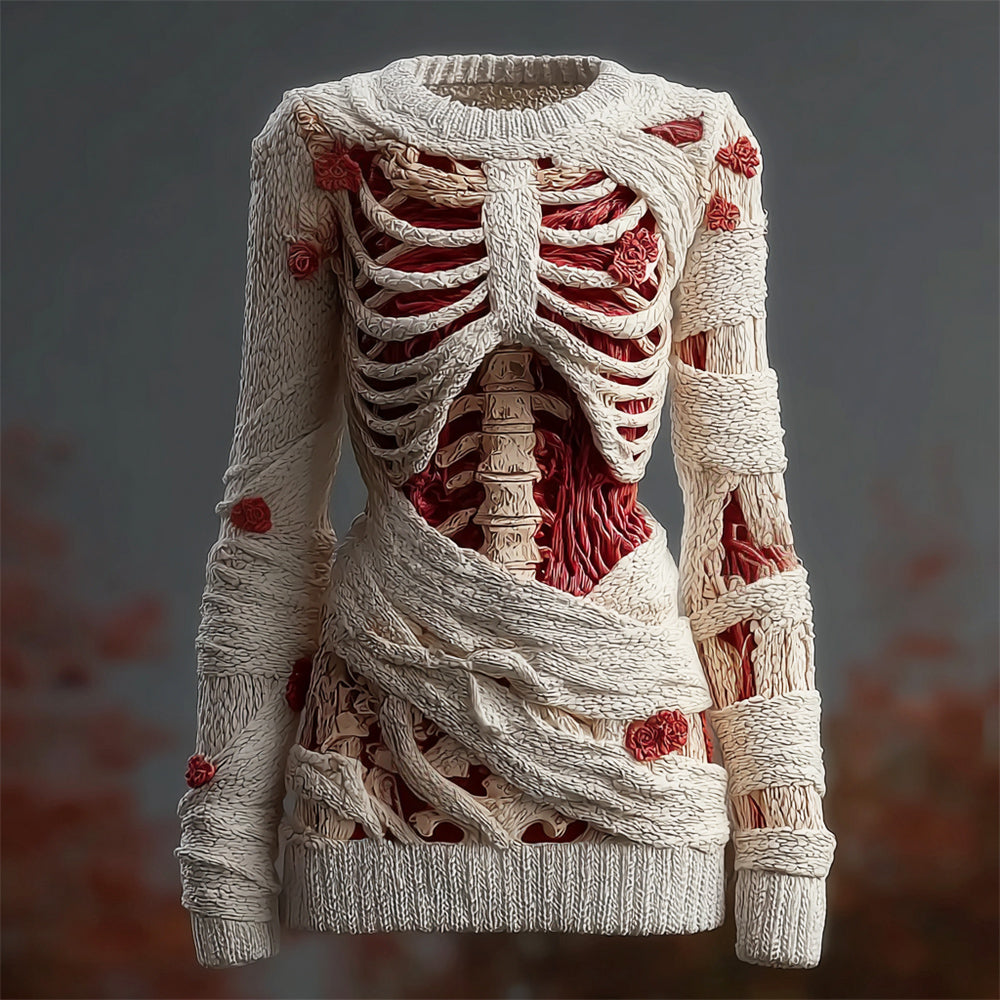 Comstylish Halloween Muscle Anatomy Bandage Art Women's Knit Slim-fit Sweater