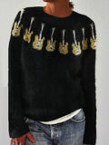 Music Lover Guitars Yoke Pattern Cozy Knit Sweater elevenforest