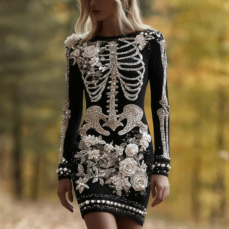 Comstylish Classy Skull And Roses Art Cozy Knit Sweater Dress