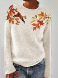 Fall Fox & Leaves Embroidered Cozy Knit Sweater artswardrobe