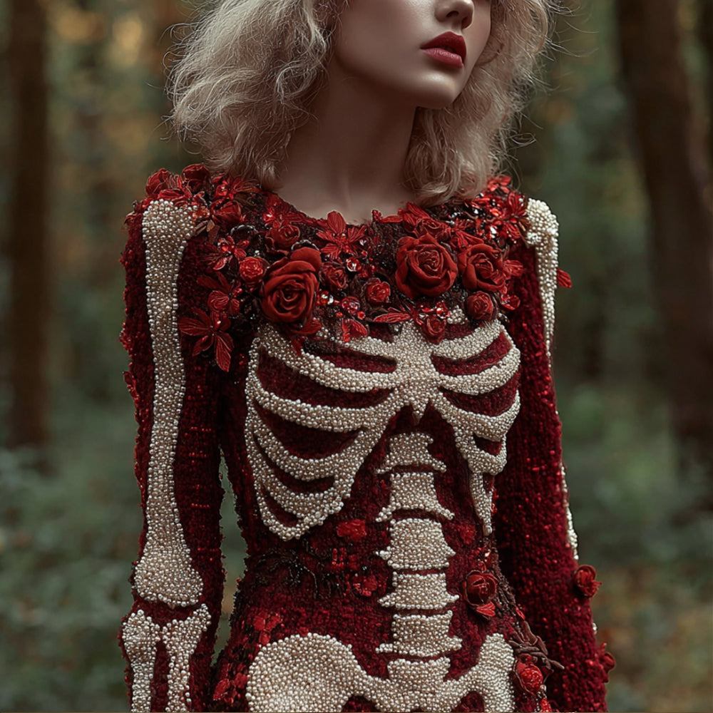 Comstylish Women's Halloween Skeleton Wild Rose Sparkle Knitted Round Neck Sweater