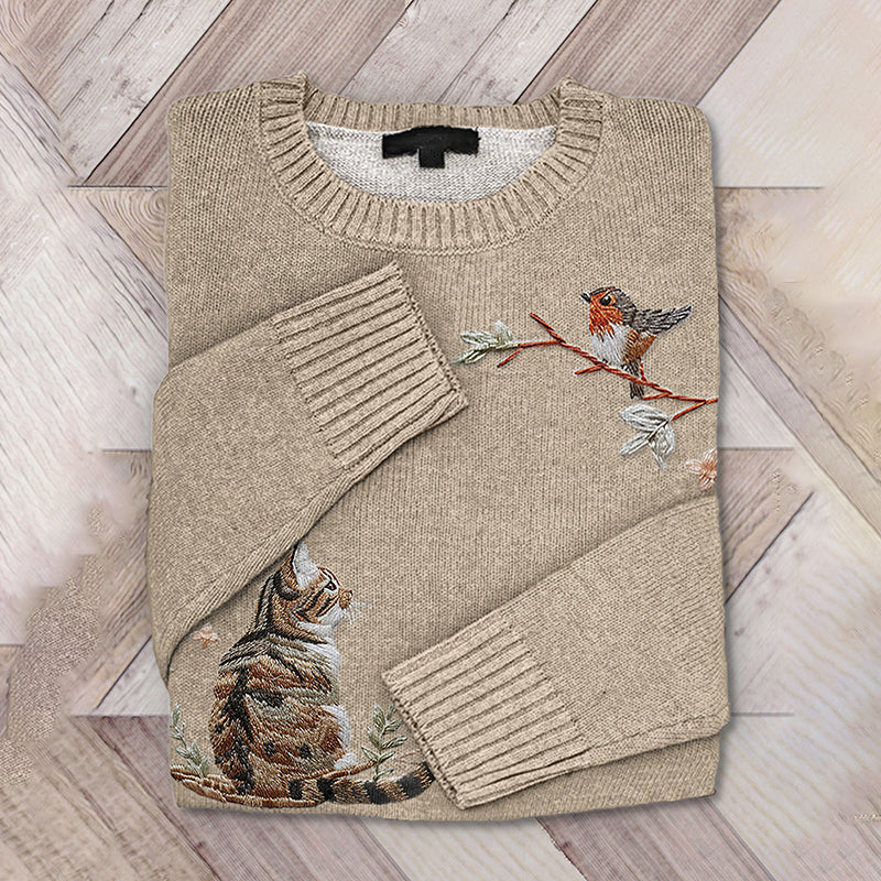 Vintage Cat And Bird Embroidered Knitted Sweater