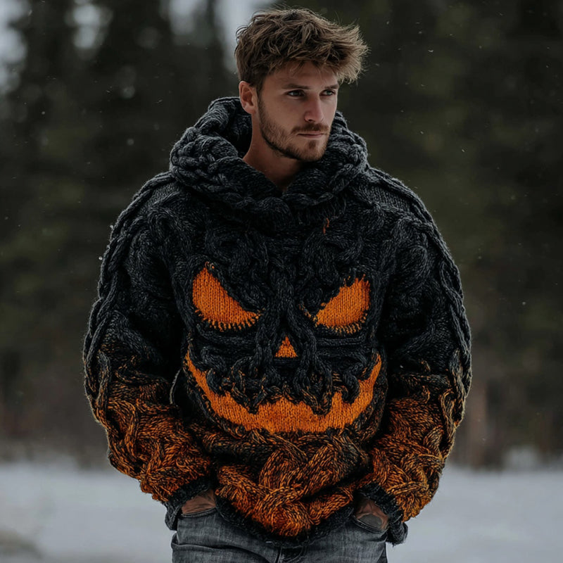 Men's Halloween Spooky Face Gradient Inspired Knitted Cozy Hooded Sweater artswardrobe