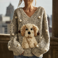 Comstylish Lady Retro Cute Dog Plush Comfortable Knitted Sweater.