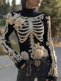 Vintage Skeleton Roses Embroidered Cozy Knit Sweater artswardrobe