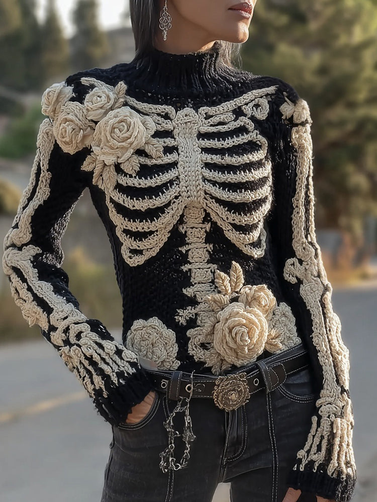 Comstylish Vintage Skeleton Roses Embroidered Cozy Knit Sweater