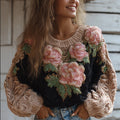 Comstylish Women's Vintage Pink Floral Round-neck Sweater