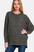 Jacqueline® | Full size long sleeve high and low crew neck sweater