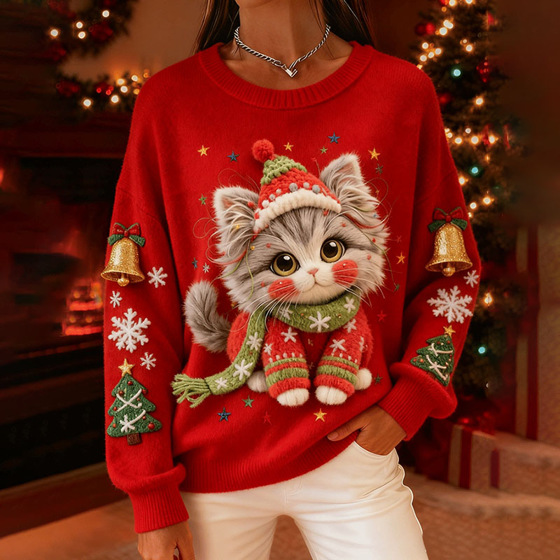 Comstylish Women's Christmas Cute Cat Art Knit Sweater
