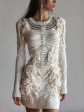 Comstylish Classy Glitter Beaded Skeleton White Roses Knit Sweater Dress