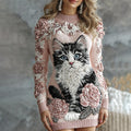Women's Cute Cat With Rose Art Cozy Knit Mini Sweater Dress elevenforest