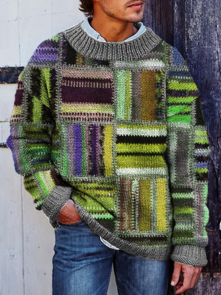 Men's Retro Colorblock Patchwork Cozy Knit Sweater artswardrobe