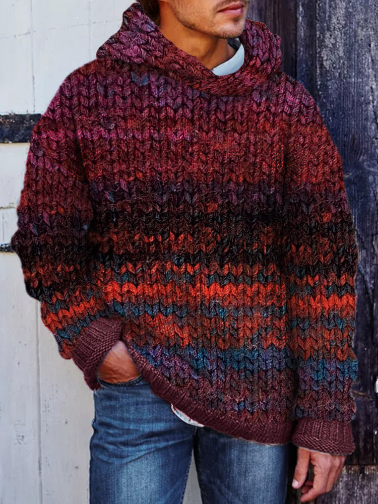 Men's Vintage Colorful Crochet Art Cozy Hooded Sweater artswardrobe