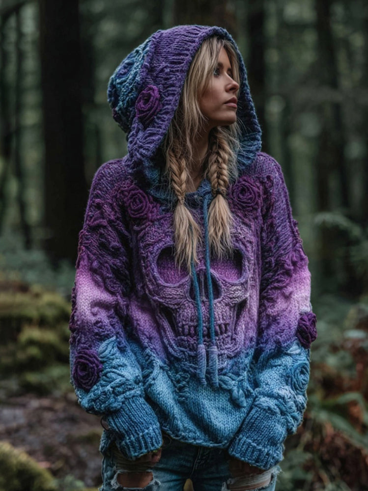Women's Vintage Viking Skull And Rose Gradient Art Knit Hooded Sweater elevenforest