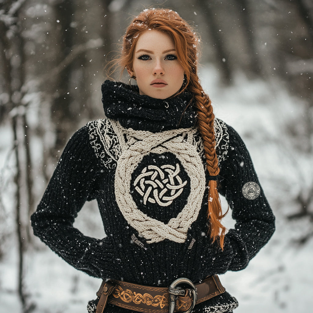 Women's Viking Tribal Jacquard Celtic Inspired Chunky Knit Hooded Sweater artswardrobe