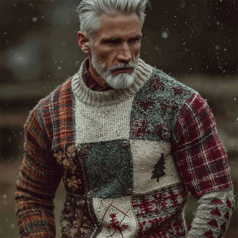 Men's Vintage Christmas Plaid Colorblock Cozy Knit Sweater artswardrobe