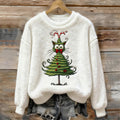 Women's Fun Christmas Tree Cat Plush Sweater elevenforest