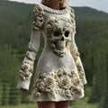 Comstylish Women's Halloween Skull With Rose Art Cozy Knit Sweater Dress