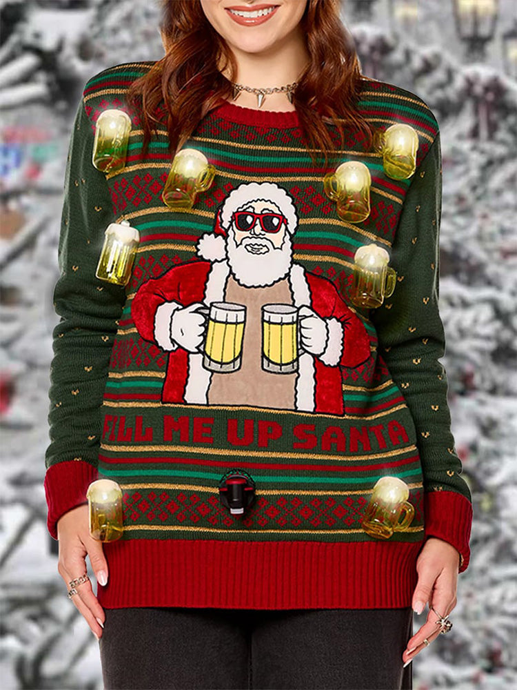 Comstylish Women's Retro Light-Up Fill Me Up Santa Beverage Dispenser Christmas Print Sweater