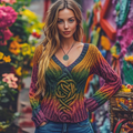 Vintage Rainbow Gradient Celtic Jacquard Chunky V Neck Sweater artswardrobe