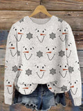 Snowman Faces & Snowflakes Embroidered Cozy Knit Sweater