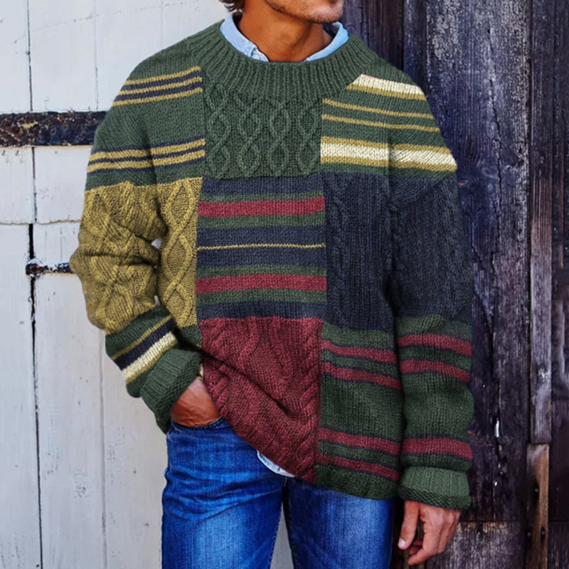 Men'S Retro Stripe Jacquard Patchwork Art Knitted Art Cozy Knit Sweater artswardrobe