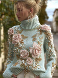 Comstylish Women's Bohemian Style Handmade Rose Pearl Thick Needle Antique High Neck Sweater