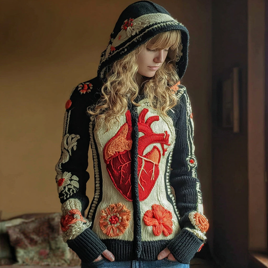 Comstylish Women's Vintage Heart Flower Embroidery Art Cozy Knitted Zip Up Hooded Sweater