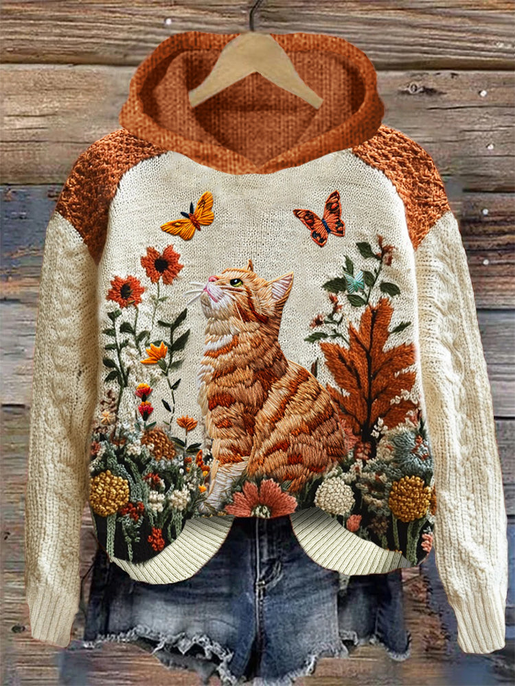 Orange Cat Fall Floral Embroidered Cozy Knit Hooded Sweater artswardrobe