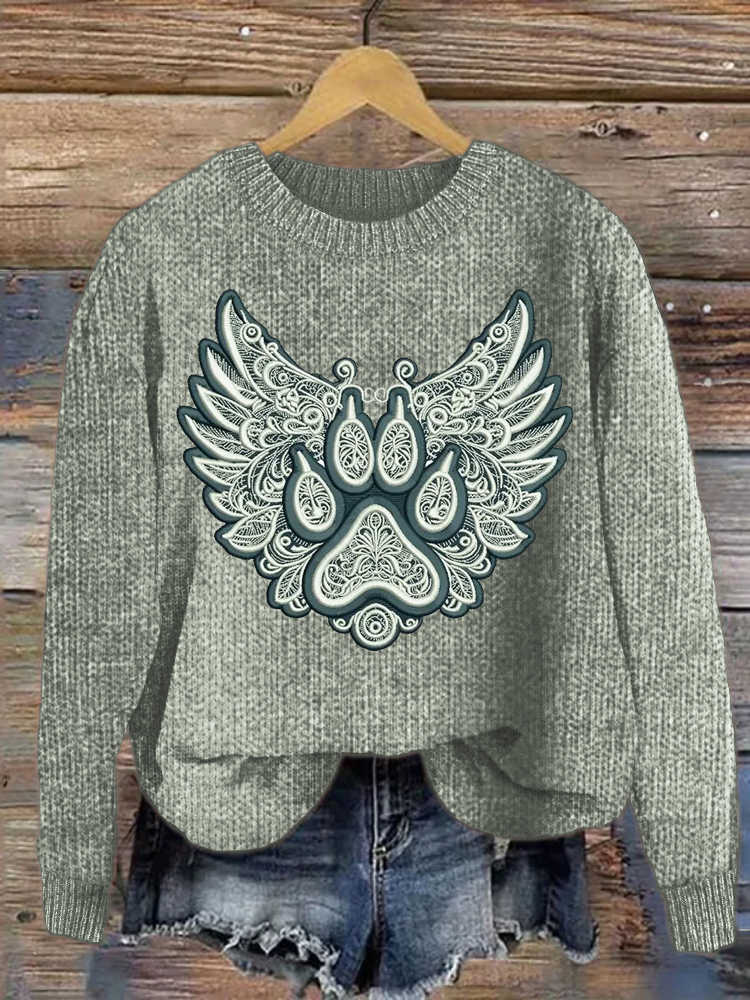 Comstylish Animal Paw Print Wings Art Embroidery Cozy Sweater