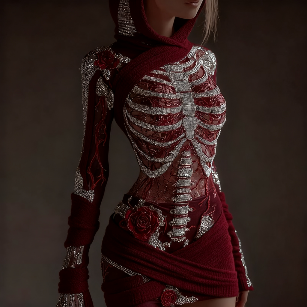 Comstylish Women's Skeleton Roses Bandages Art Cozy Knit Hooded Mini Sweater Dress