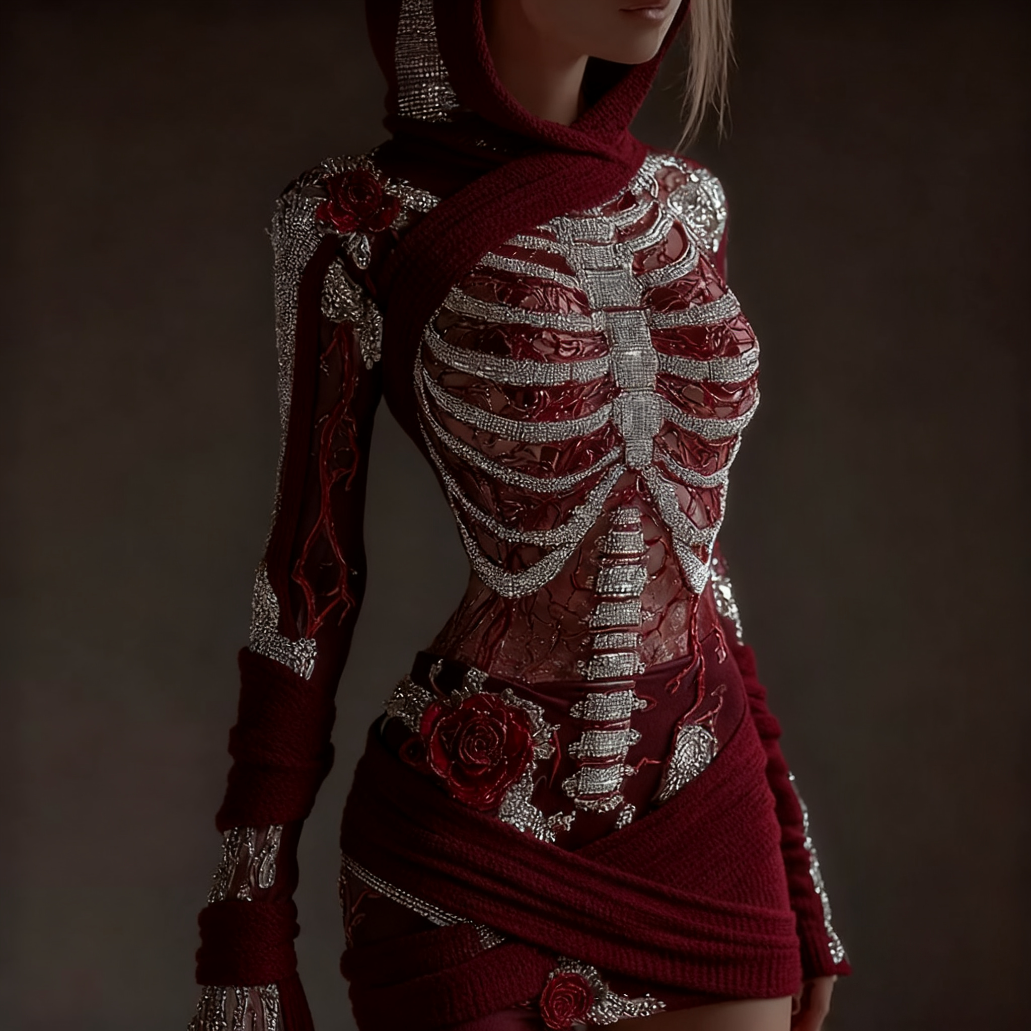 Comstylish Women's Skeleton Roses Bandages Art Cozy Knit Hooded Mini Sweater Dress