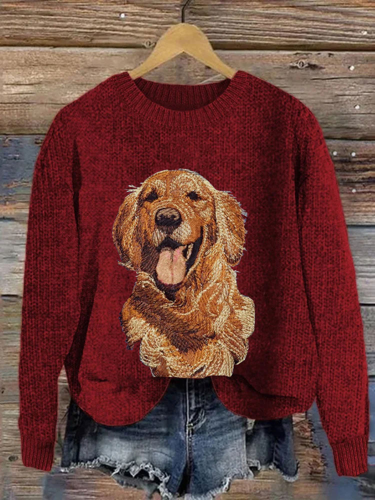 Comstylish Women's Christmas Golden Retriever Embroidery Print Sweater