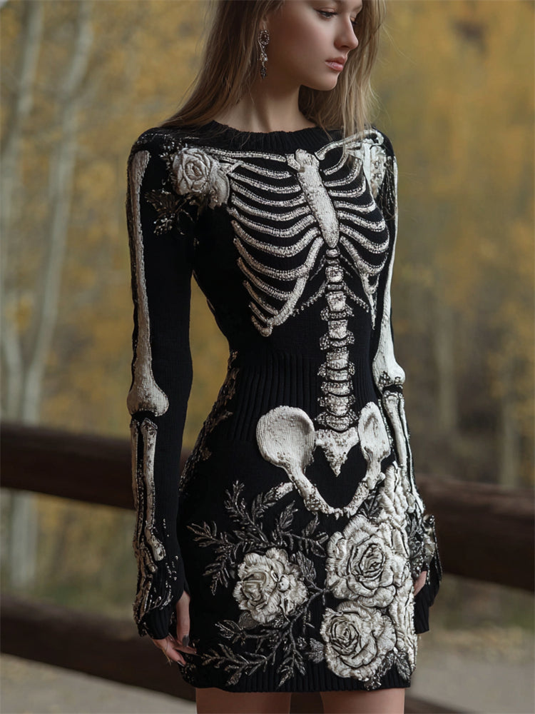 Comstylish Classy White Roses Skeleton Glitter Beaded Cozy Knit Sweater Dress