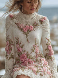 Vintage Pink Floral Lace Embroidered Cozy Knit Sweater Dress artswardrobe