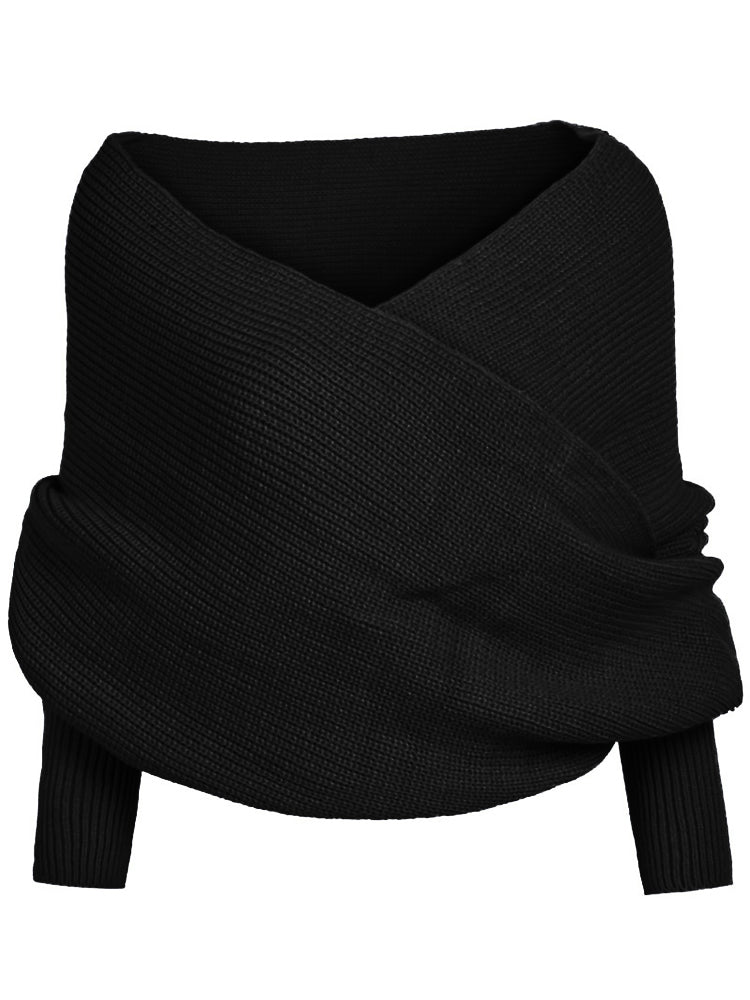 Vintage Wrap V Neck Cozy Knit Scarf Sweater artswardrobe