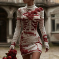 Comstylish Women's Vintage Halloween Skeleton Red Rose Art Knit Mini Sweater Dress