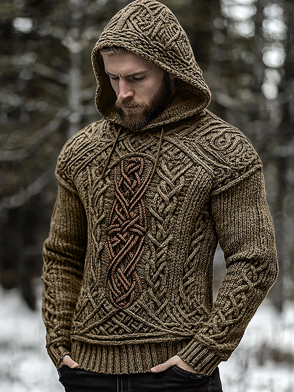 Men's Viking Jacquard Celtic Inspired Cozy Knit Hooded Sweater artswardrobe