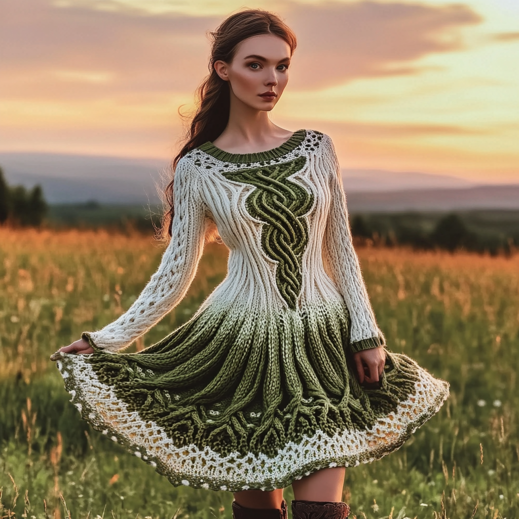 Women's Irish Celtic Knot Gradient Jacquard Knit Sweater Dress artswardrobe