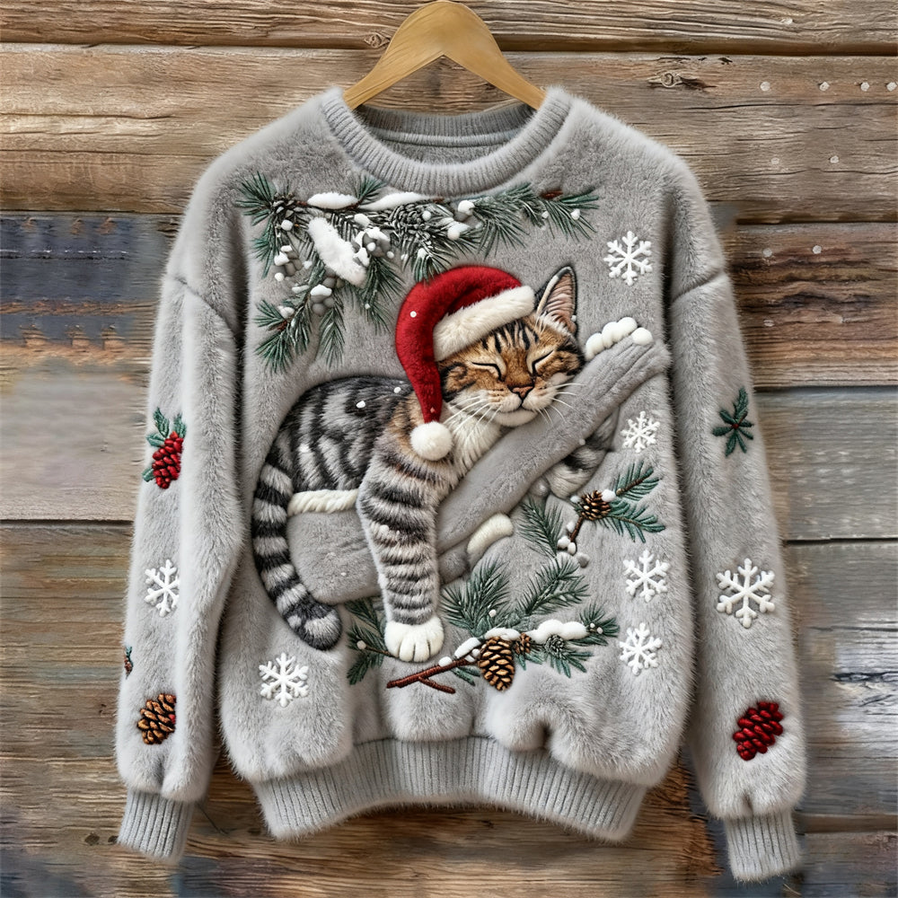 Christmas Lazy Cat Art Women's Cozy Plush Sweater