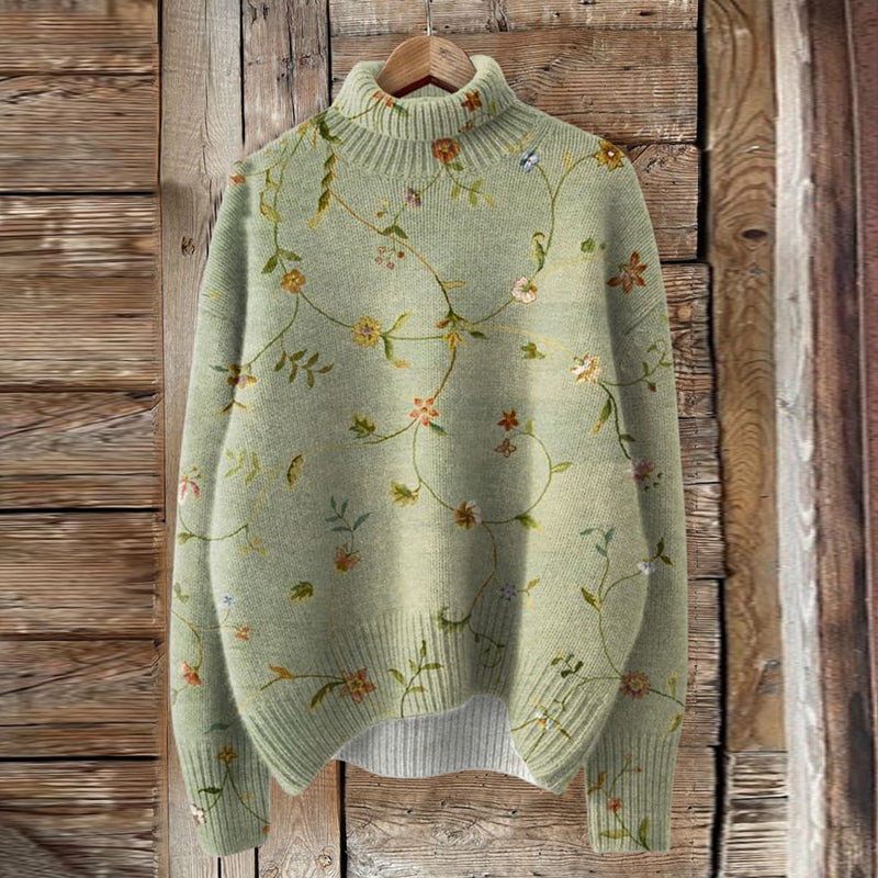 Vintage Lovely Floral Art Print Knit Turtleneck Pullover Sweater elevenforest