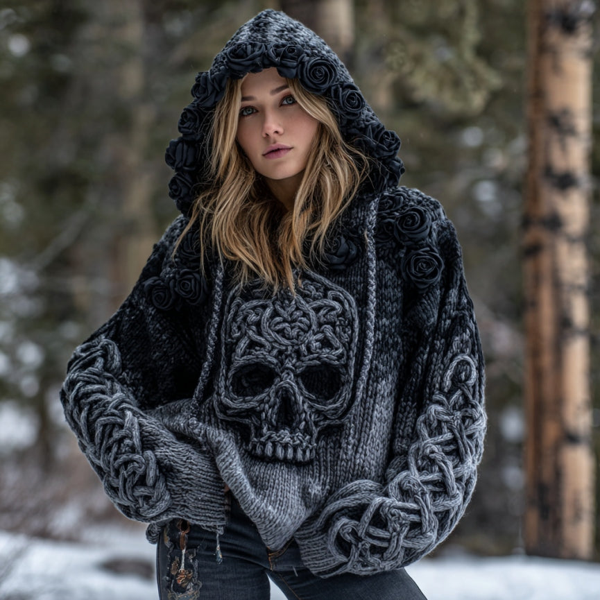 Women's Vintage Viking Tribal Celtic Skull Gradient Art Knit Hooded Sweater elevenforest