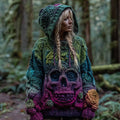 Women's Vintage Viking Skull And Rose Gradient Knit Hooded Sweater elevenforest