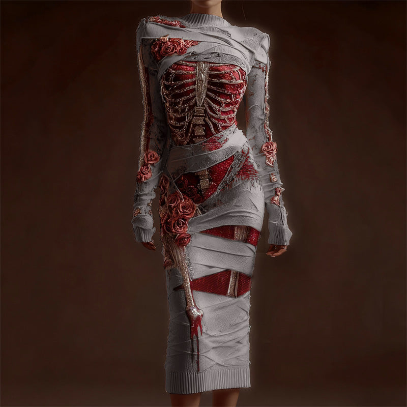 Comstylish Classy Skeleton Anatomy Bloody Roses Bandages Maxi Sweater Dress