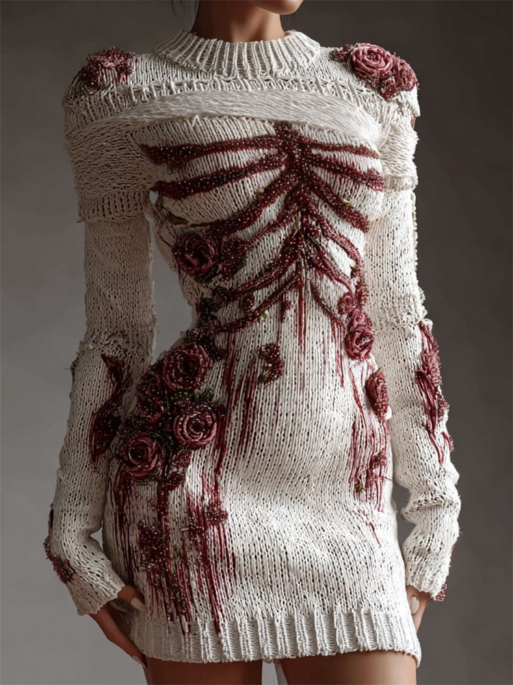 Comstylish Classy Bloody Skeleton Anatomy Roses Beaded Bandages Sweater Dress