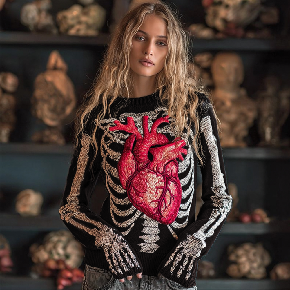 Women Halloween Human Bones Beating Red Heart Embroidery Antique Round Neck Sweater artswardrobe