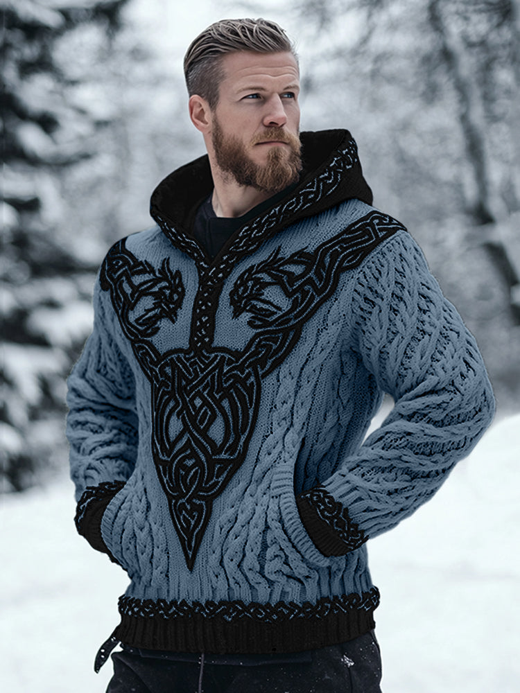 Men's Viking Celtic Contrast Cozy Chunky Hooded Sweater artswardrobe