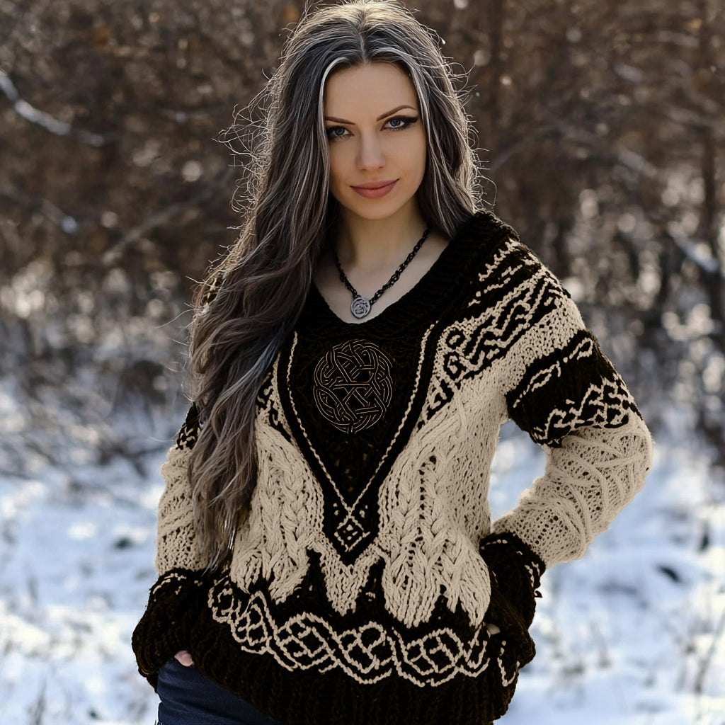 Women's Viking Rune Knit Jacquard V-neck Sweater artswardrobe